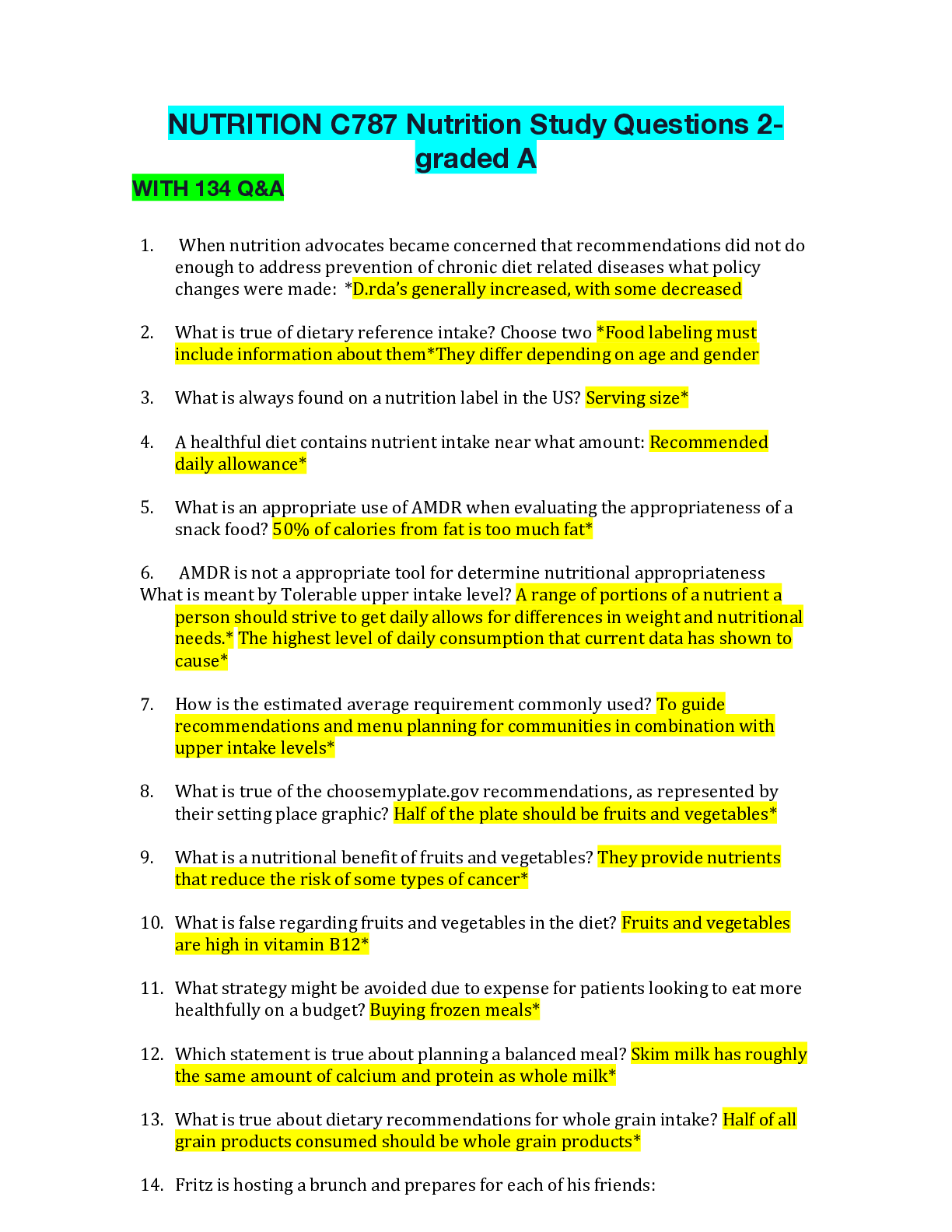 Preview of NUTRITION C787 Nutrition Study Questions 2-graded A
